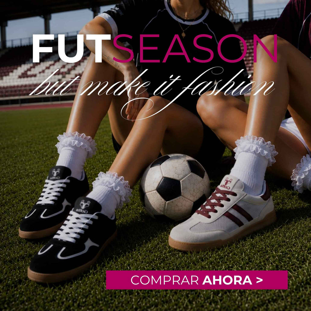 Banner horizontal de la colección Mundial Fútbol de Gotta con dos mujeres usando zapatillas retro inspiradas en fútbol sobre una cancha de estadio, con estética sporty fashion y calcetines femeninos con vuelos.