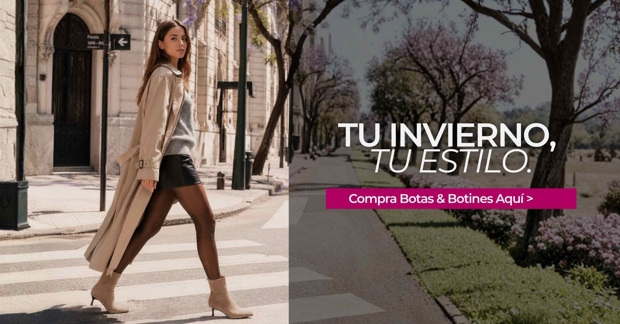 Modelo luciendo botas y botines para mujer en un look urbano elegante de invierno con abrigo beige y falda negra.