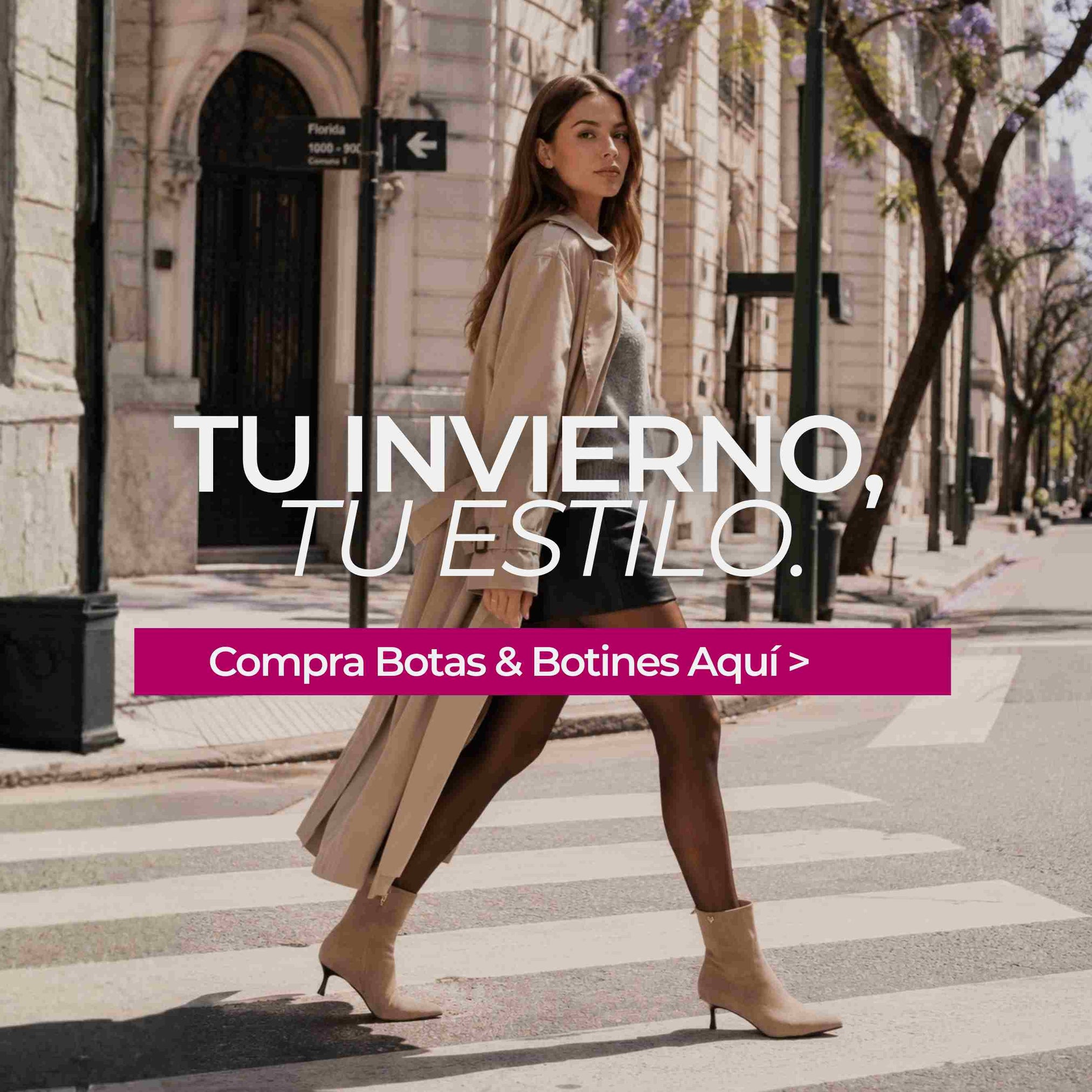 Modelo luciendo botas y botines para mujer en un look urbano elegante de invierno con abrigo beige y falda negra mobile.