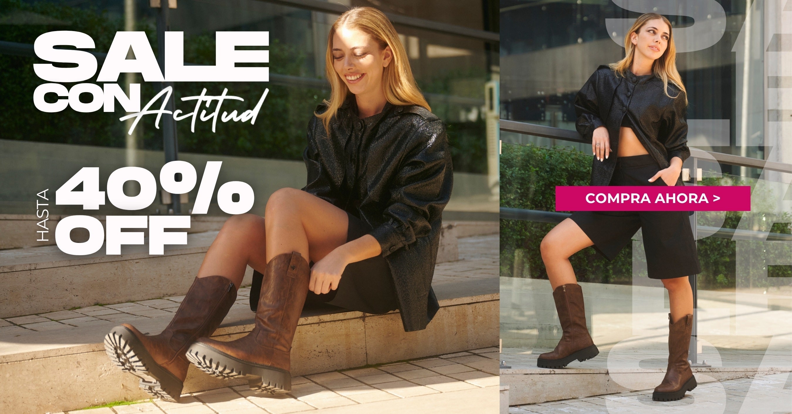 Banner desktop de rebajas de invierno 2025 en zapatillas, zapatos, botas y botines para mujer con hasta 40 % de descuento