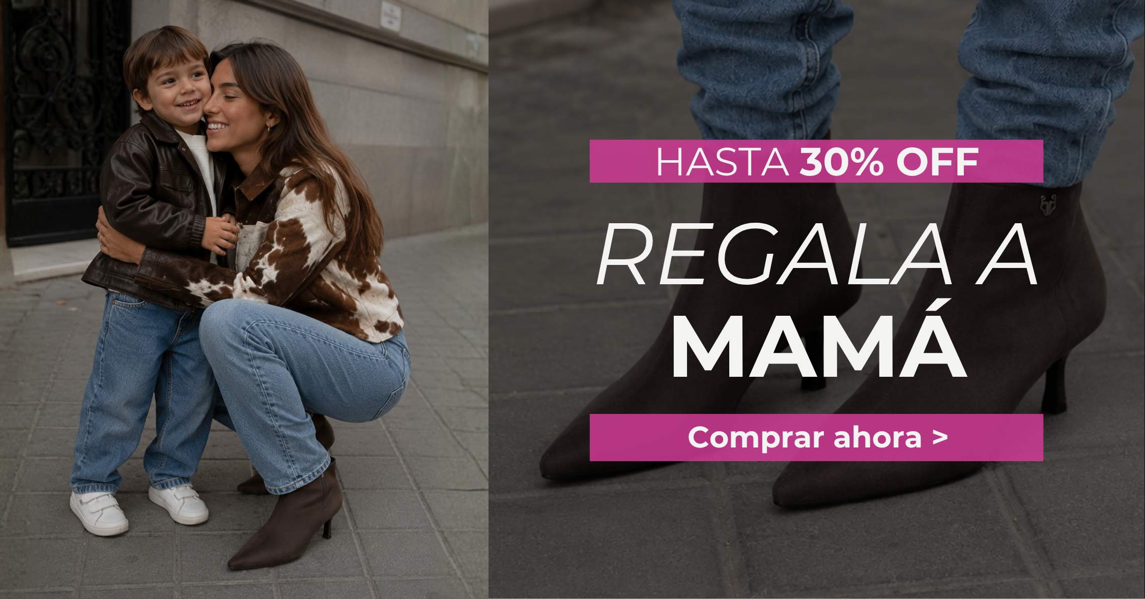 Banner campaña Día de la Madre Gotta con hasta 30% OFF en botines café para mujer. Mamá abrazando a su hijo en un contexto urbano, usando jeans celestes y botines de taco café con detalle visible desktop