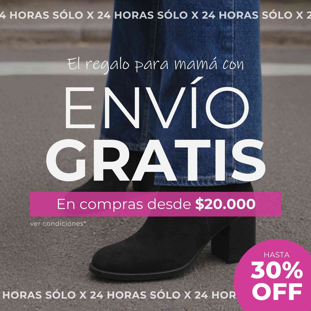 Banner promocional de botas negras de mujer con envío gratis por 24 horas en compras desde $20.000 y hasta 30% de descuento por Día de la Madre