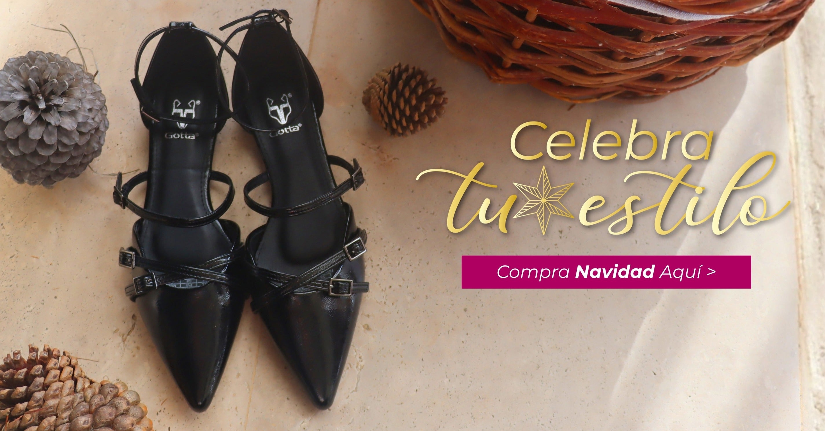 Banner de Navidad con zapatos negros de mujer y mensaje celebra tu estilo, Gotta.cl