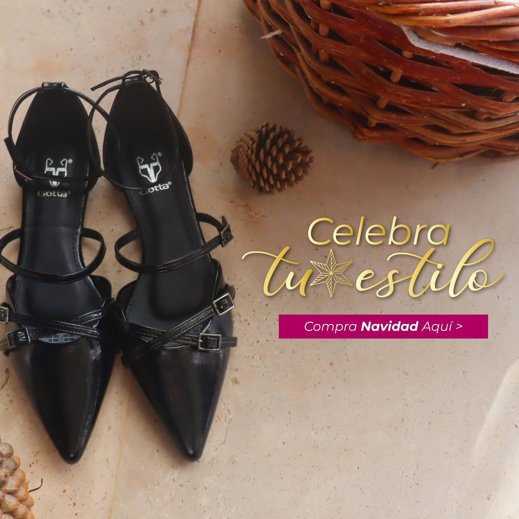 Banner de Navidad con zapatos negros de mujer y mensaje celebra tu estilo, Gotta.cl