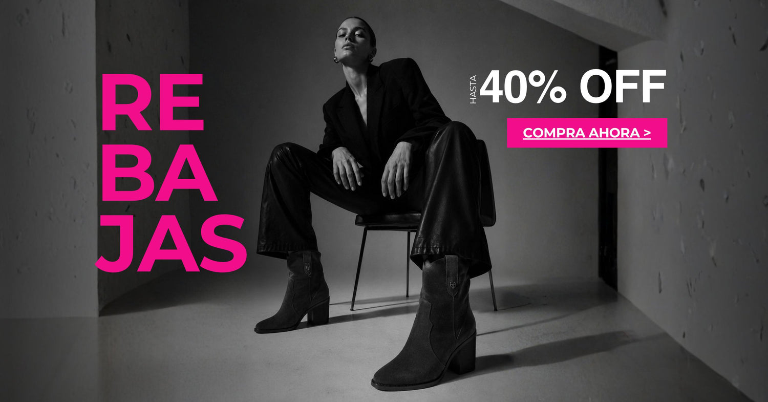 Banner de Rebajas Gotta con hasta 40% OFF en botas, botines, zapatillas y zapatos para mujer. Modelo usando botines negros de la nueva temporada.