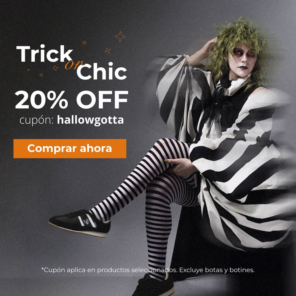 Banner de Gotta con promoción de Halloween “Trick or Chic”, 20% de descuento en zapatos con el cupón hallowgotta. Mujer con atuendo blanco y negro de estilo Beetlejuice.