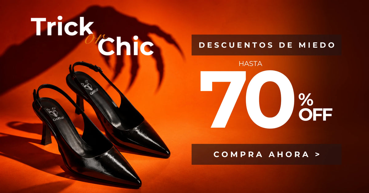 Banner Trick or Chic de Gotta con zapatos de tacón negros para mujer sobre fondo naranja de Halloween, sombra de mano terrorífica y descuentos de hasta 70% OFF.